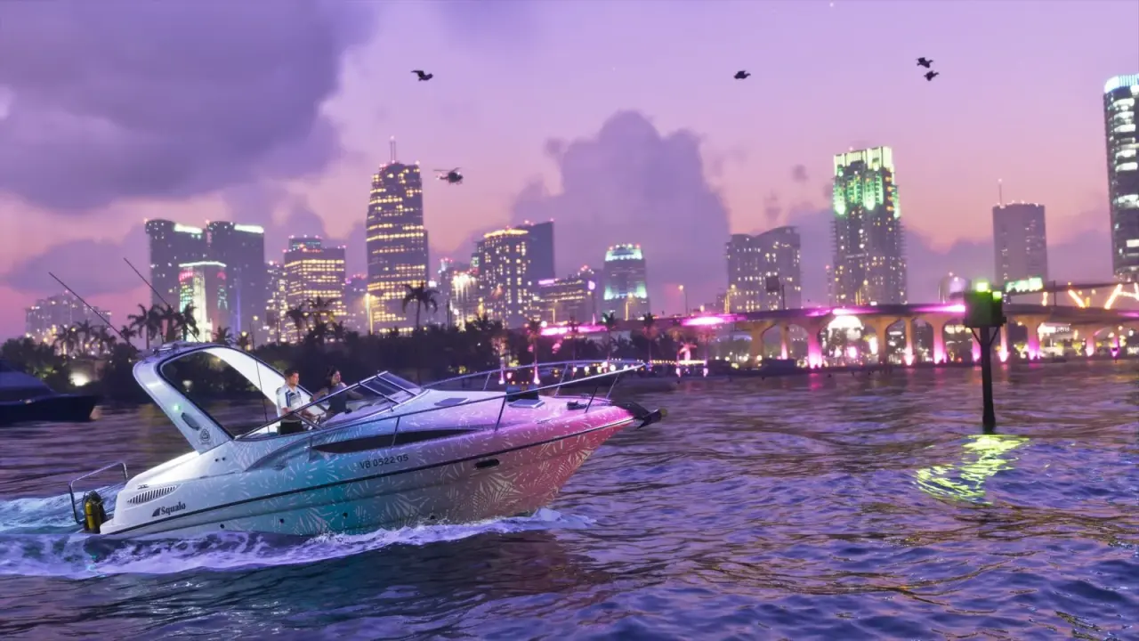 White GTA 6 Shitzu Squalo speedboat cruising past the Vice City skyline at dusk