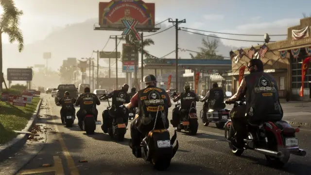 A biker gang riding GTA 6 LCC Avarus choppers down a road in Ambrosia