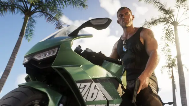 Jason standing beside a green GTA 6 Principe Alvino V1 sport bike under palm trees