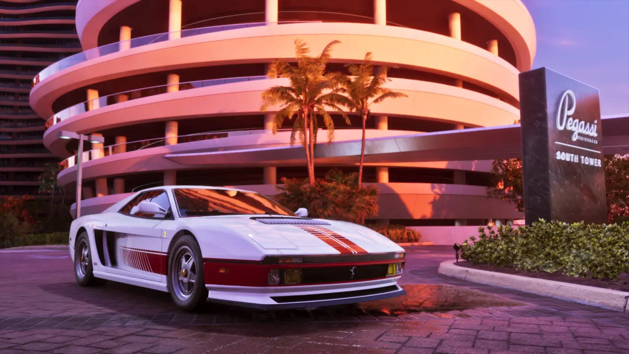 GTA 6 Grotti Cheetah '95 parked outside a Vice City tower at dusk